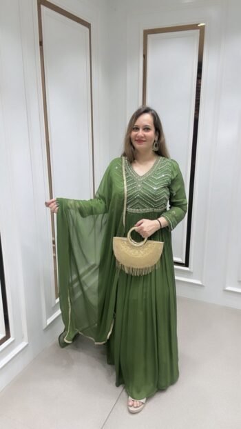 Beautiful Gown With Mirror Work In Green On Pure Georgette
