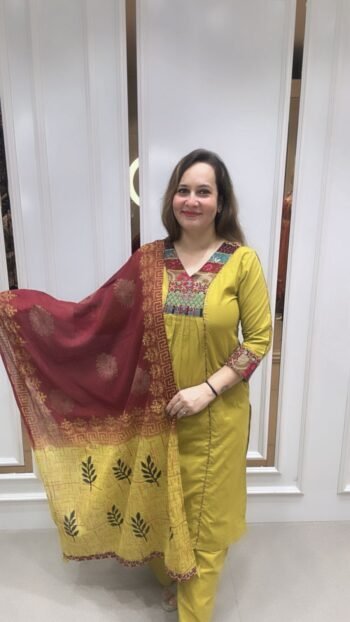 Beautiful Kurti Set With Mirror Work In Vibrant Mustard Yellow