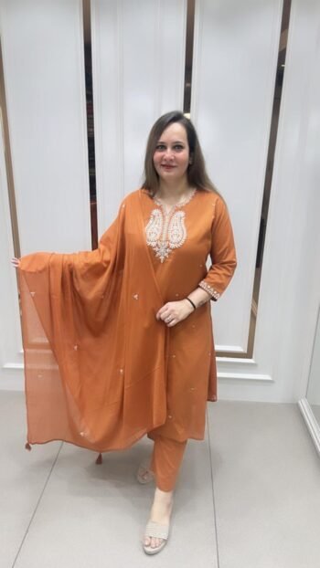 Beautiful 3-Piece Set On Vibrant Orange On Pure Cotton