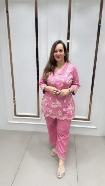 Pretty Cort-Set With Embroidery Work In Soft Pink On Pure Cotton