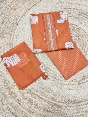 Elephant Print Pure Cotton Silk fabric In Warm Orange