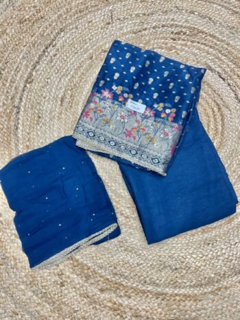 Beautiful Three Elegant Pieces Of Cloth In Deep Navy Blue On Dola Silk
