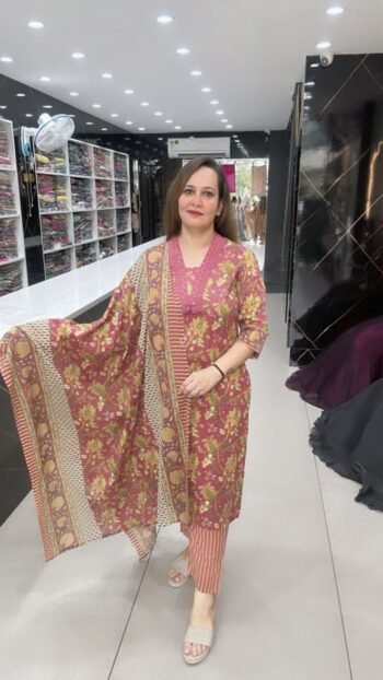 Beautiful 3-Piece Suit In Rich Mahroon Hue On Pure Cotton