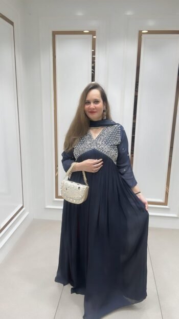 Beautiful Chinnon Gown With Pulse Handwork On Grey Black Shade