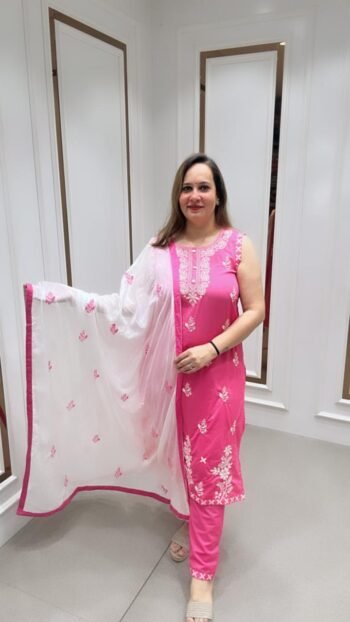 Beautiful Chikankari 3-Piece Set On Vibrant Pink Shade