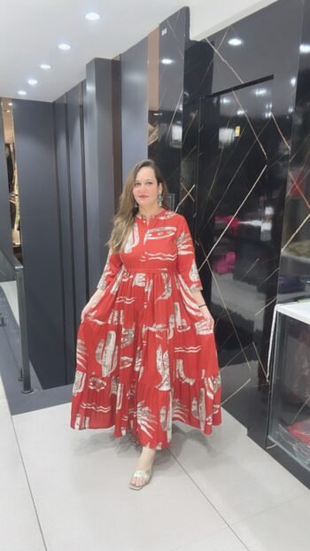 Beautiful Maxi Dress With Belt In Vibrant Red On Pure Mal Silk