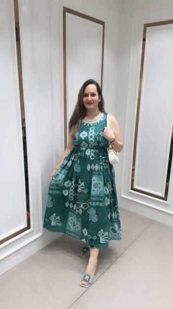 Beautiful Printed Gown In Striking Green On Pure Cotton