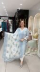 Beautiful Traditional 3-Piece Set In Light Blue On Pure Cotton