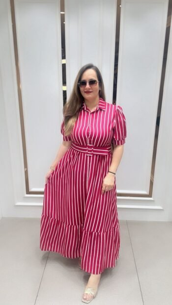 Stunning Long Dress On Pink & Purple Adorned With Vertical White Stripes
