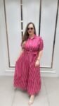 Stunning Long Dress On Pink & Purple Adorned With Vertical White Stripes