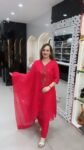 Traditional A-Line Suit With Beautiful Handwork On Striking Red