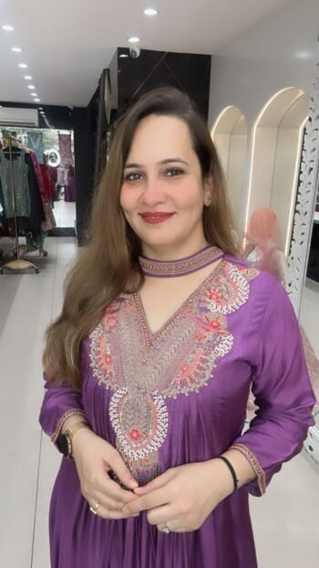 Anarkali suit in a rich shade of purple in PURE DOLA SILK