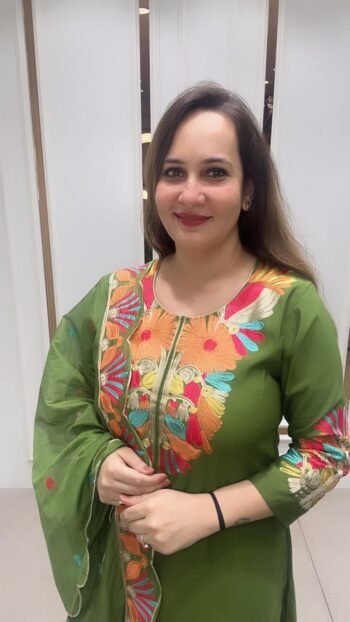 A beautiful olive green ethnic  three piece  set in modal silk