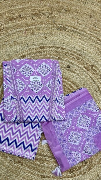 pure cotton fabric suit set featuring a vibrant purple base with intricate white and blue traditional and geometric patterns