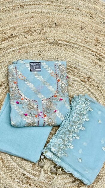 BEAUTIFUL MUL CHANDERI SILK  FABRIC IN SKY BLUE SHADE