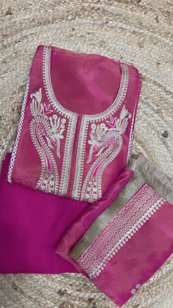 Exquisite Unstitched Pure Chanderi Silk Suit Material with Intricate Embroidery