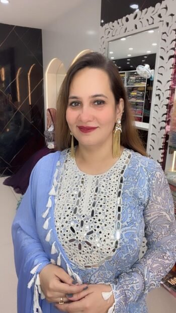 A stunning Georgette Anarkali-style suit in a serene blue hue, adorned with intricate mirror work,