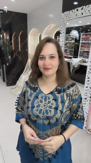 A stylish blue pure crepe silk short kurti with tulip pant