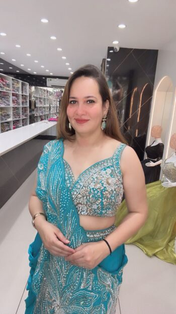 Zarqa Firozi Embellished Drape Lehenga Set