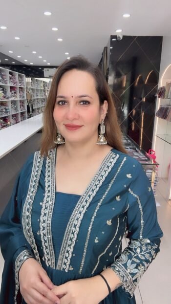 Teal  Maslin Silk Anarkali Suit Set