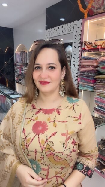 Beige Kalamkari Printed Cotton Kurta Set with Dupatta