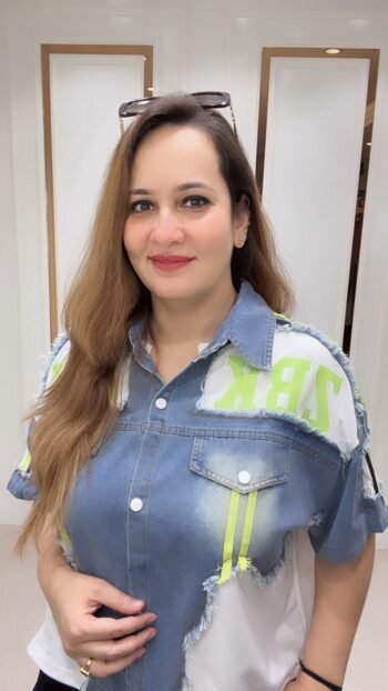 Denim Patchwork Imported Shirt Top with Neon Accents