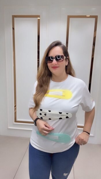 White Imported Graphic T-Shirt with Abstract Pin Motifs