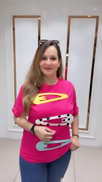 Hot Pink Graphic Imported T-Shirt with Statement Pin Design