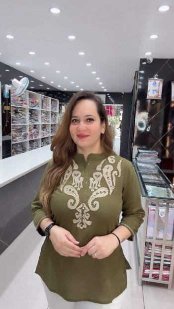 Exclusive Kurti Top Olive Green Designer Ethnic Embroidered - Richa's Fashion