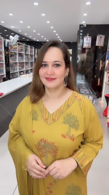 Mustard Yellow Tropical Palm Motif Embroidered Kurta Set with Dupatta - Richa's Fashion
