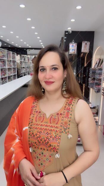 Beige Embroidered Kurta Pant Set with Artistic Orange Tie-Dye Dupatta - Richa's Fashion