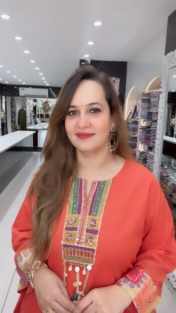 Elegant Coral Orange Embellished A-Line Kurta Palazzo Set with Traditional Detailing - Richa's Fashion