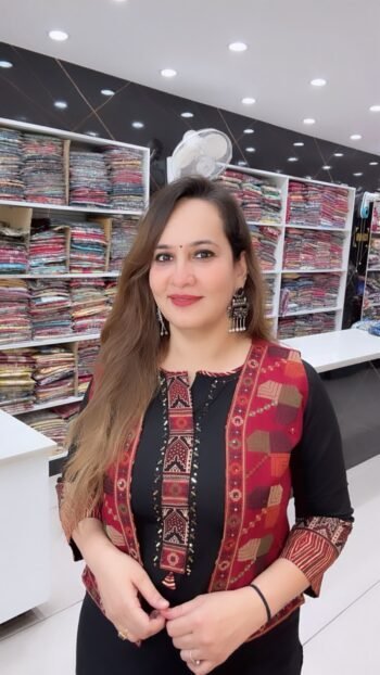 Elegant Black Straight Kurta Palazzo Set with Rust Red Tribal Print Jacket Style - Richa's Fashion