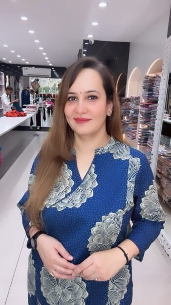 Premium Navy Blue Floral Print Kurta with Matching Straight Pants - Richa's Fashion