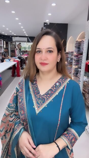 Designer Blue Straight Kurta with Chevron Printed Palazzo Pants and Coordinated Floral Dupatta Set - Richa's Fashion
