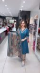 Designer Blue Straight Kurta with Chevron Printed Palazzo Pants and Coordinated Floral Dupatta Set – Richa’s Fashion