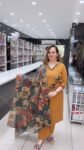 Premium Mustard Yellow Cotton Blend Kurta Palazzo Suit with Vintage Patchwork Print Dupatta and Designer Neckline – Richa’s Fashion