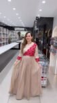 Elegant Beige Flared Anarkali Gown with Red Floral Embroidered Bodice – Richa’s Fashion