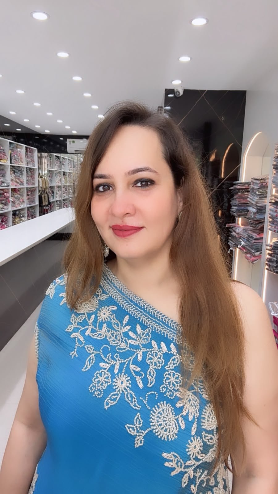 Elegant Blue One-Shoulder Co-Ord Set with Intricate White Embroidery and Palazzo Pants - Richa's Fashion Elegant Blue One-Shoulder Co-Ord Set with Intricate White Embroidery and Palazzo Pants - Richa's Fashion