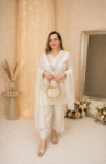 Premium Ivory White Mirror Embellished Straight Kurta Set with Pants, Chiffon Dupatta for Women – Richa’s Fashion