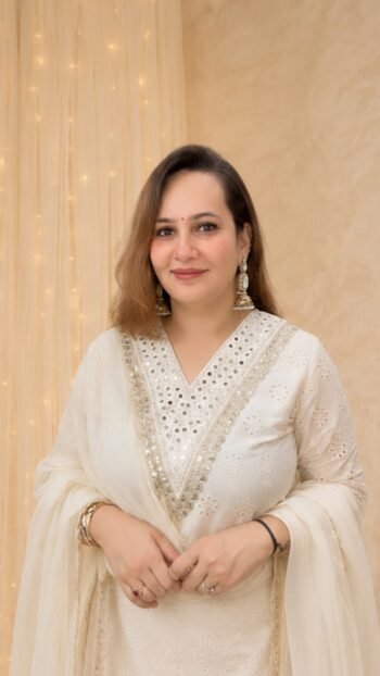 Premium Ivory White Mirror Embellished Straight Kurta Set with Pants, Chiffon Dupatta for Women - Richa's Fashion