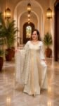 Luxury Ivory & Champagne Gold A-Line Ethnic Gown with Striped Organza Dupatta for Women – Richa’s Fashion