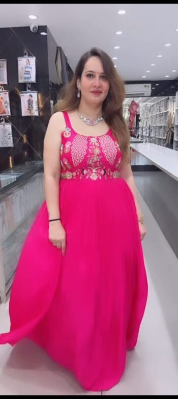 Elegant Hot Pink Gathered Flare Ethnic Gown For Women with Embroidered Yoke - Richa's Fashion