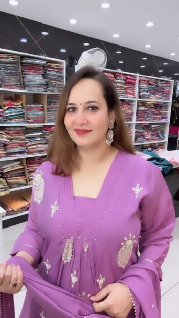Lavender Floral Embroidered Flared Anarkali Suit Set with Palazzo & Dupatta - Richa's Fashion