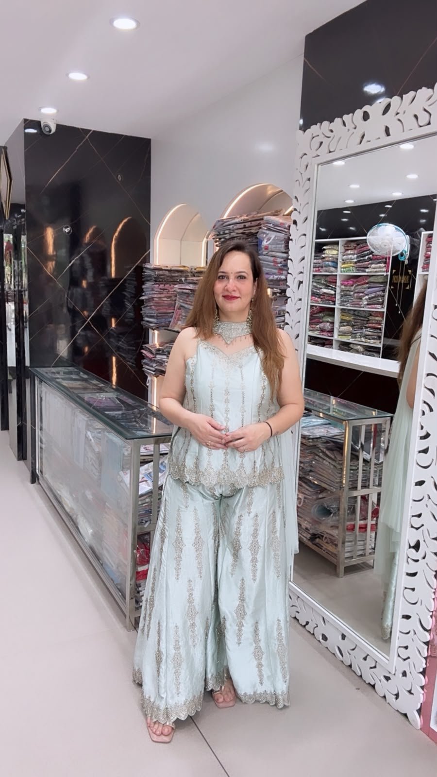 Embroidered Sleeveless Palazzo Suit Set with Choker Neck & Dupatta - Richa's Fashion Embroidered Sleeveless Palazzo Suit Set with Choker Neck & Dupatta - Richa's Fashion