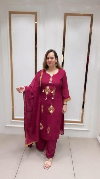 Elegant Wine Magenta Ethnic Straight Kurta Palazzo Set with Chiffon Dupatta for Women - Richa's Fashion