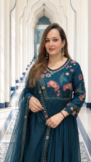 Luxury Floral Embroidered Anarkali Gown with Matching Organza Dupatta for Women - Richa's Fashion