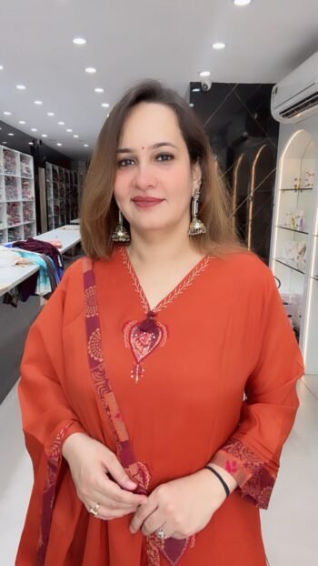 Elegant Rust Orange Embroidered Straight Kurta Palazzo Set with Printed Dupatta for Women - Richa's Fashion