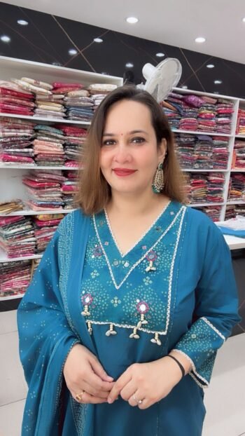 Cotton Silk Kodi Handwork Elegant Straight Kurta with Palazzo and Printed Border Dupatta Set - Richa's Fashion