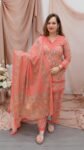 Elegant Coral Peach Paisley Printed Straight Kurta with Matching Palazzo and Traditional Dupatta for Women – Richa’s Fashion